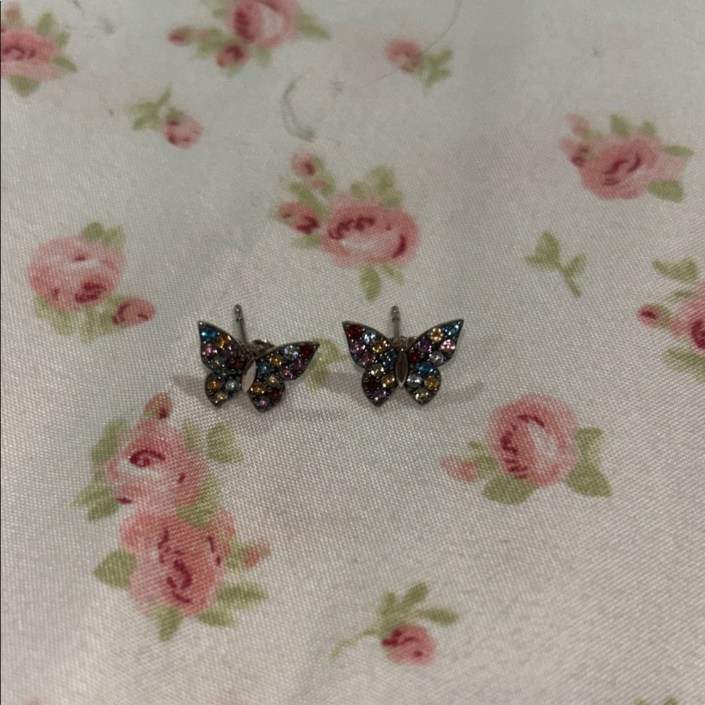 Real Silver and Colorful Gems Butterfly Earrings
